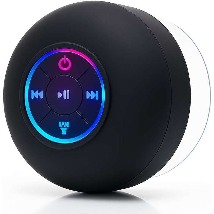 Boxa Portabila Mini, rezistent la apa, maini libere, lumini LED, cu microfon incorporat si ventuza atasata, Bass Puternic, Calitate Audio Excelenta, Potrivit pentru vehicule, desktop, fitness, in aer liber, Negru