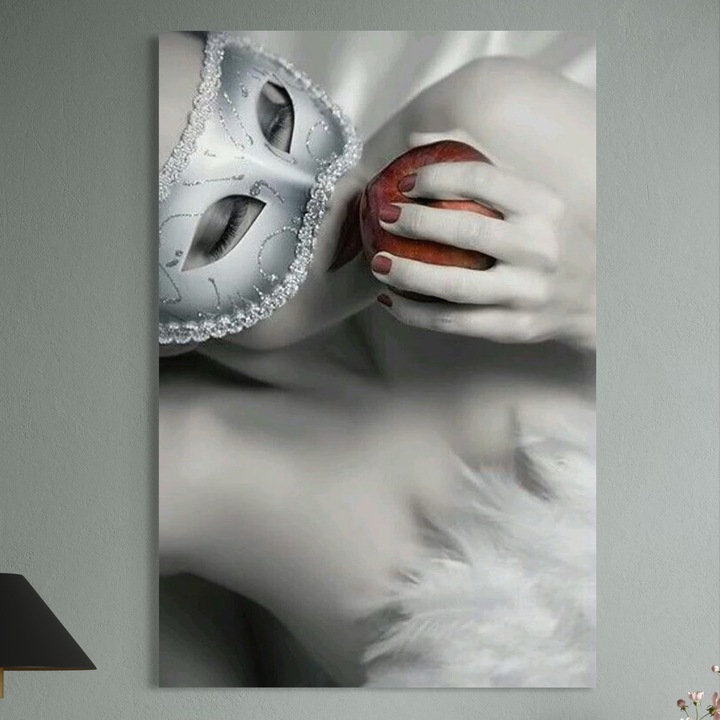 Tablou Canvas Premium, LuxCanva® P1038, Intre Puritate si Pacat, 40 X 60 CM, Panza Bumbac 100% 400g/m2, Sasiu, Lemn, Masca, Dantela, Alb, Mar, Rosu, Pacat, Inocenta, Dorinta, Privire, Fior, Tentatie, Fruct, Interzis, Living, Dormitor