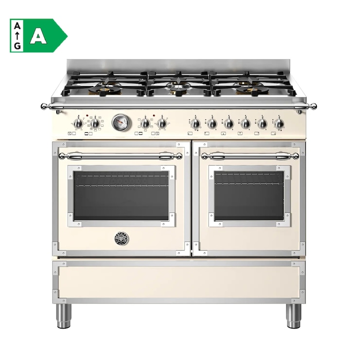 Aragaz pe gaz retro Bertazzoni, colectie Heritage, latime 100 cm, 6 arzatoare, 2 cuptoare electrice 123 l, temperatura reglabila max. 250°C, 11 functii de gatit, convectie, iluminare interioara, termometru integrat, sticla triplustratificata, ivory