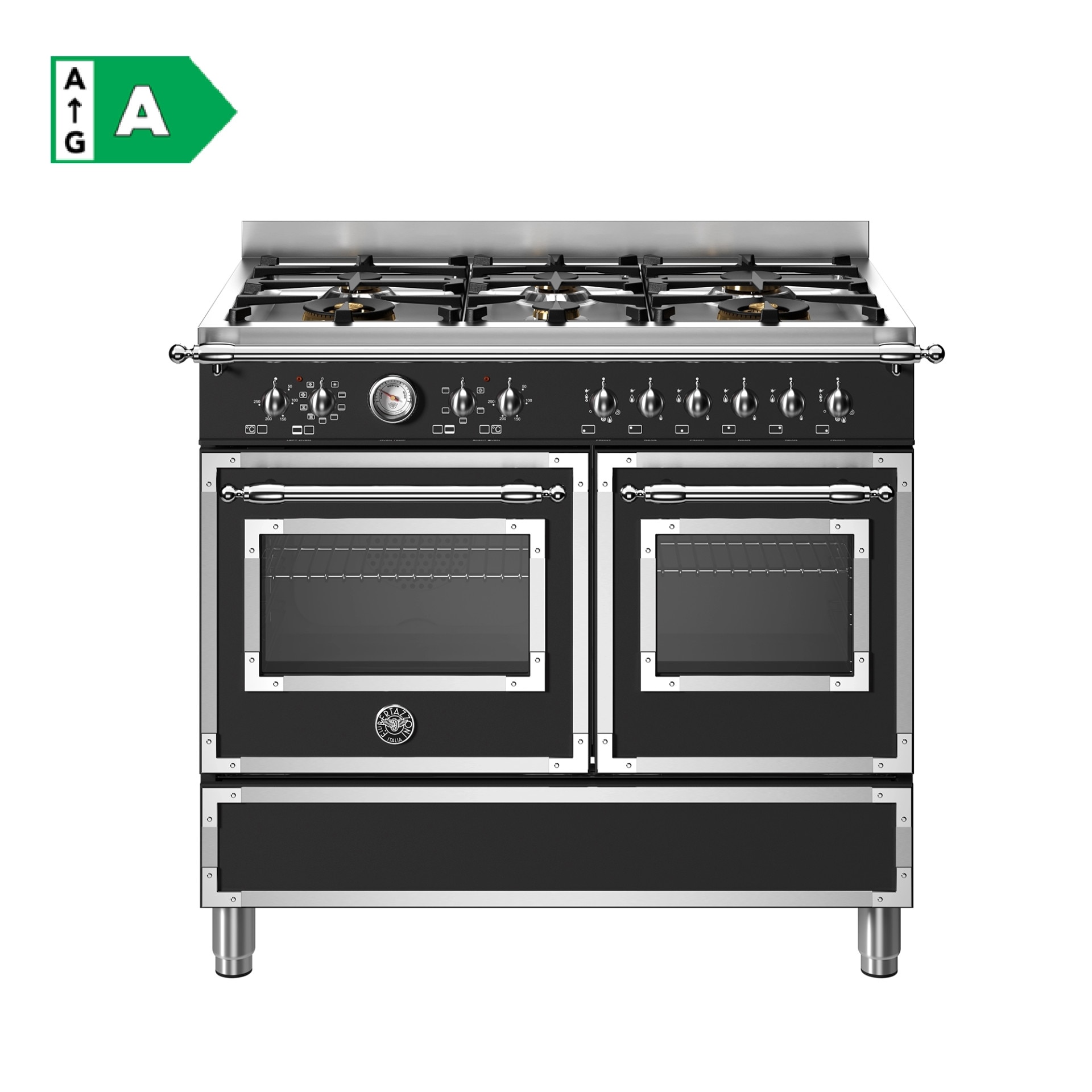Aragaz pe gaz retro Bertazzoni, colectie Heritage, latime 100 cm, 6 arzatoare, 2 cuptoare electrice 123 l, temperatura reglabila max. 250°C, 11 functii de gatit, convectie, iluminare interioara, termometru integrat, sticla triplustratificata, negru