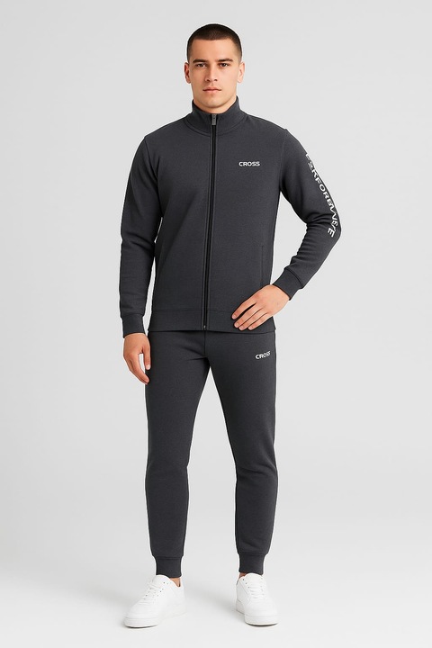 Trening Barbati, Culoare Gri Inchis, Marime 2XL – Set Bluza cu Fermoar + Pantaloni, Bumbac gros, Fit Modern
