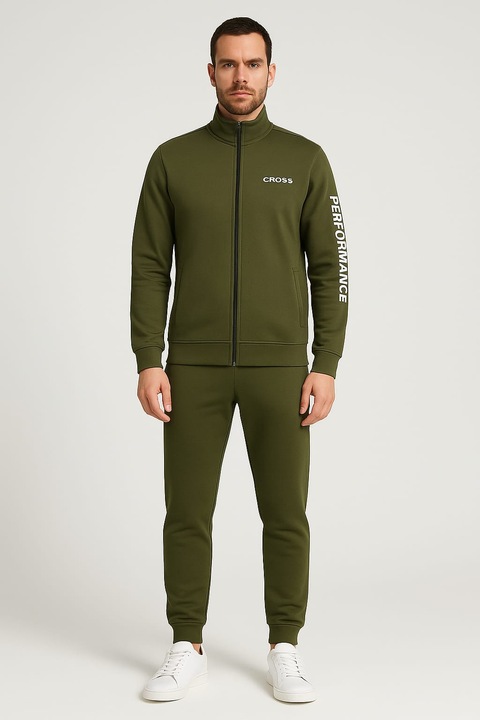 Мъжки анцуг, цвят каки, размер L, комплект с блуза с цип + панталон, плътен памук, модерен кройка