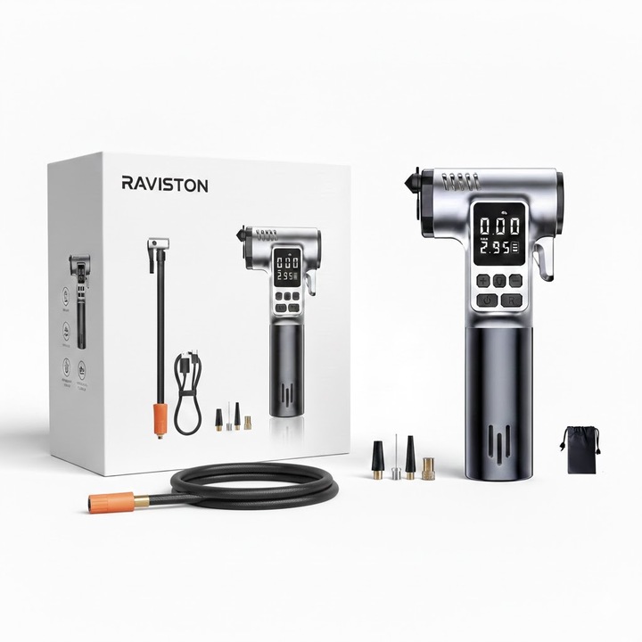 Compresor Auto Portabil Raviston® 150 PSI, Wireless, Baterie 4000 mAh, Cutter Centura si Spargator Geam, Afisaj Digital, LED, Presetari Auto/Moto/Bicicleta