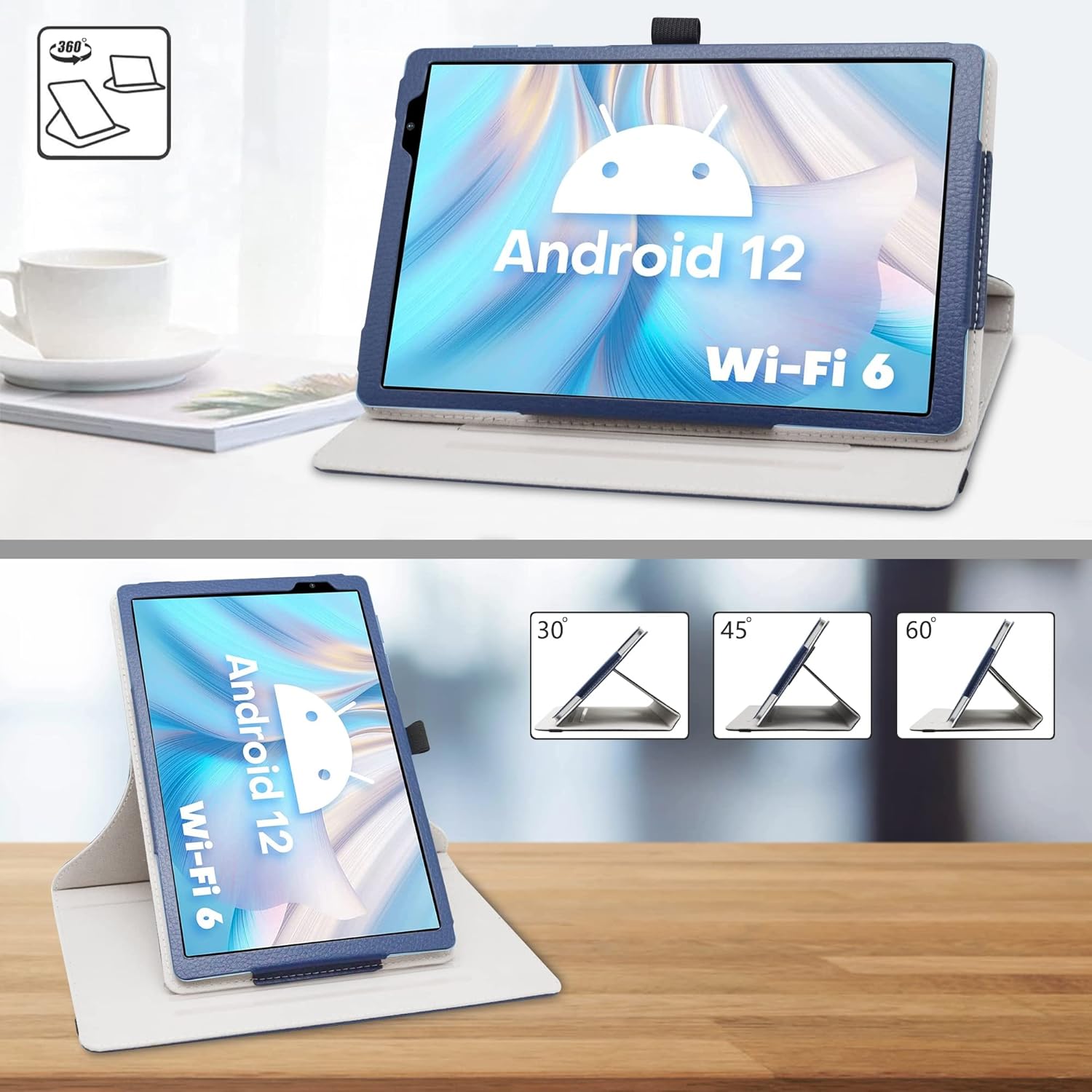 Etui rotativ pentru tableta TECLAST P25T 10,1", piele sintetica, albastru, functie de suport 360°