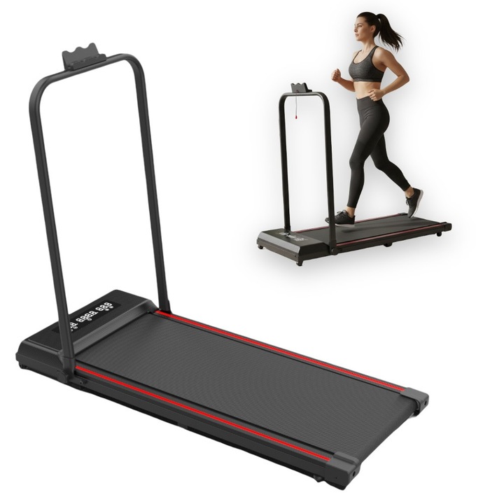 Elektromos összecsukható futópad otthoni használatra, 1-12 km/h, 120 kg, fekete piros csíkokkal, méretek 1200x500x980mm
