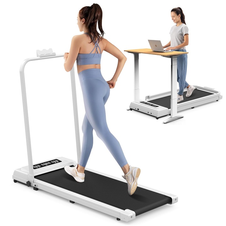 Összecsukható elektromos futópad otthonra, 1-12 km/h, 120 kg, fehér, méretei 1200x500x980mm