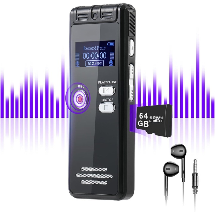 Професионален диктофон, 64 GB памет, 3072 Kbps и намаляване на шума, 4800 часа аудио запис за интервюта/лекции/срещи, Черен