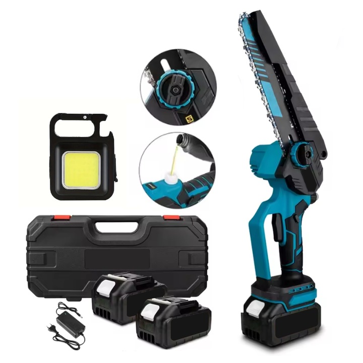 Мини електрически трион-мини резачка, с верига, фенерче с отварачка за бира, 2 батерии 48V, дължина на острието 6 инча, резервоар за масло за смазване, черно-синьо, куфар, HAPPY JOKER®