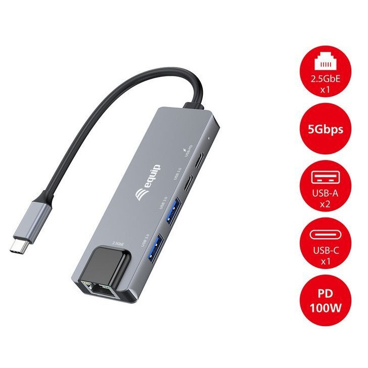 EQuip USB-C 5 az 1-ben multifunkcionális adapter szürke, 2xUSB-A, 2xUSB-C, RJ45