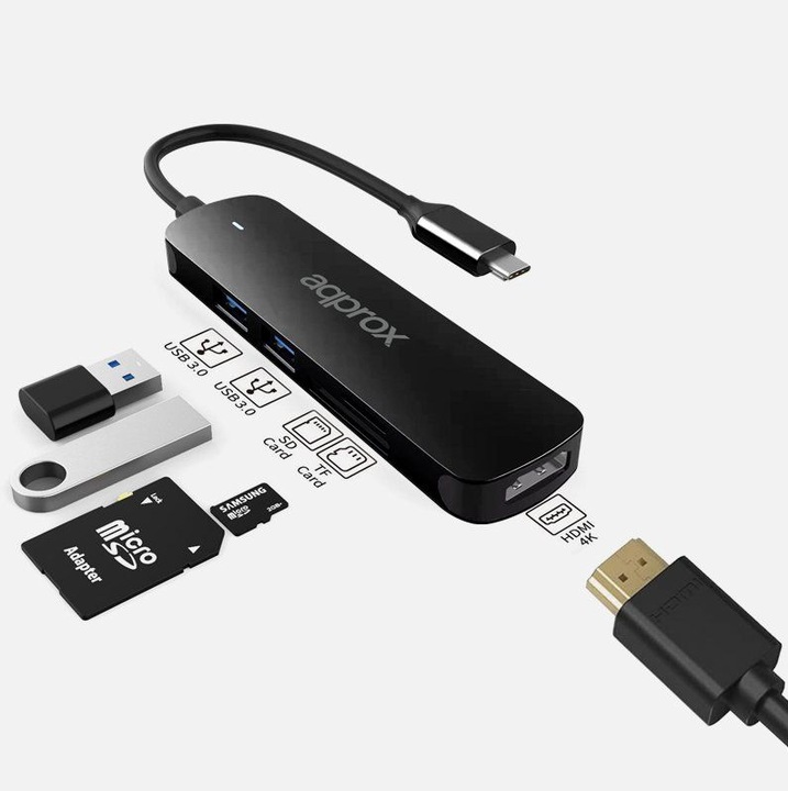 Approx APPC45 5 az 1-ben USB Type-C Adapter, fekete, 2xUSB-A, HDMI