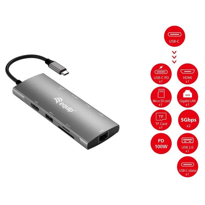 EQuip USB-C 9 az 1-ben Multifunkciós Adapter, HDMI 4K/60Hz, Gigabit LAN, 100W USB PD, 3xUSB-A, 2xUSB-C, 1xHDMI, RJ45, Kártyaolvasó
