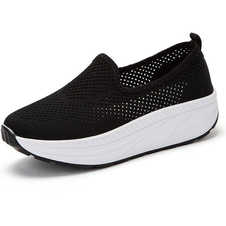 Pantofi sport dama, slip-on, negri, textil, pentru trekking si fitness
