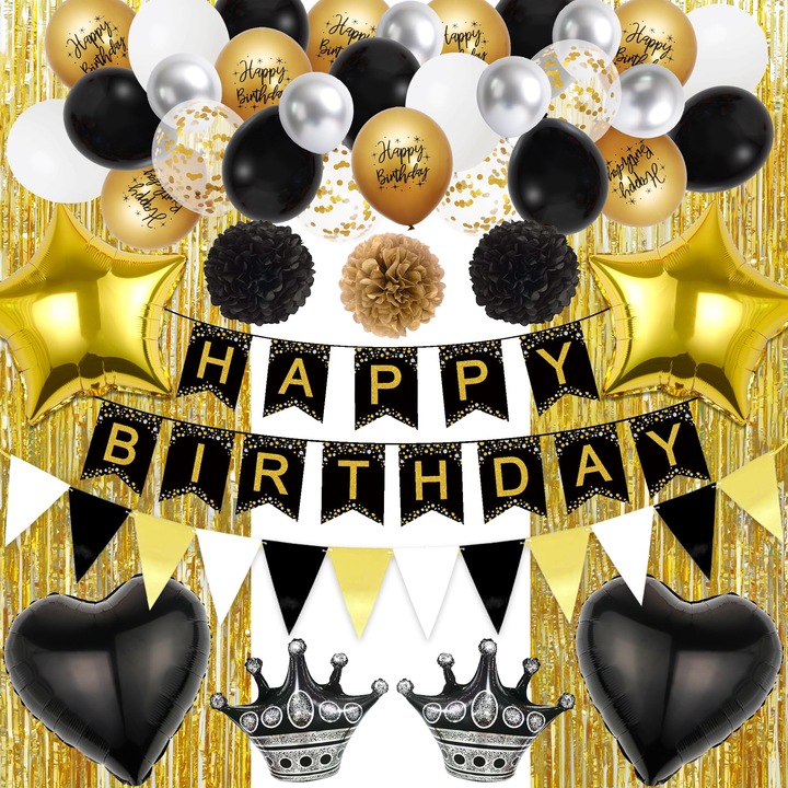 Dekoratív partikészlet, fekete-arany, 13 darab, 2m, fólia lufik, pomponok
