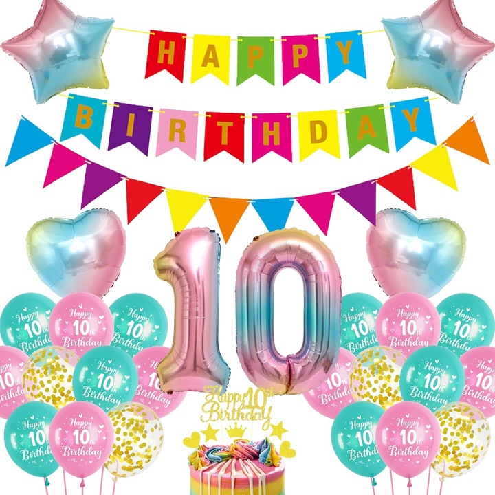Set Decorativ pentru aniversare 10 ani, Balon Gigantic cu cifra 10, Banner, Multicolor