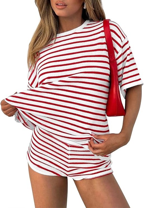 Set de Trening Dama, cu Dungi, Maneca Scurta, Rosu, Material Usor, Pantaloni Scurti Mini