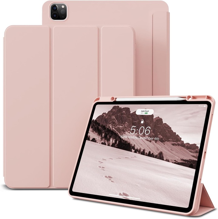 Etui protectie pentru iPad Air 13" 2024 M2 si Pro 12,9" 2022/2021 cu suport pentru Apple Pencil, roz