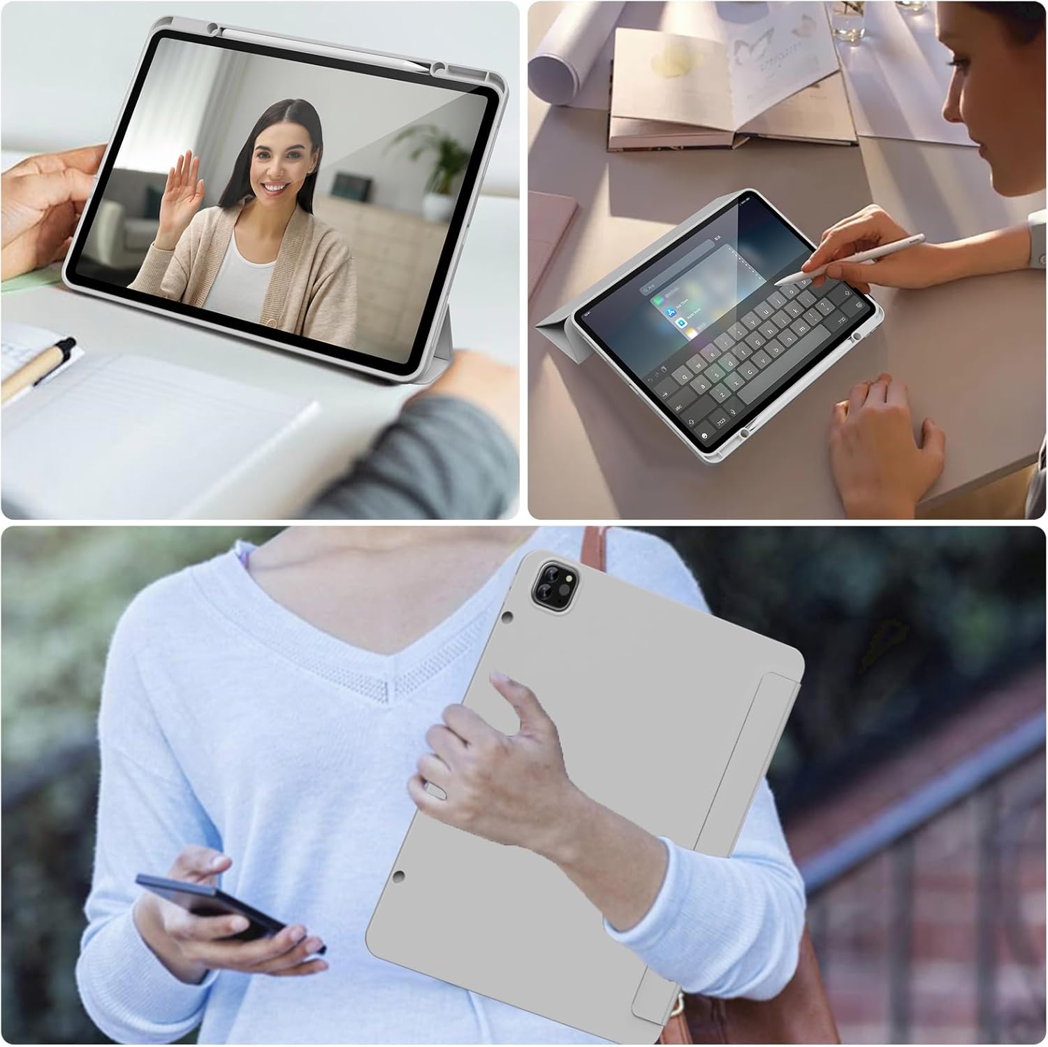Etui protectie pentru iPad Air 13" (2024 M2) si iPad Pro 12,9" (2022/2021) cu suport pentru Apple Pencil, TPU elastic, gri