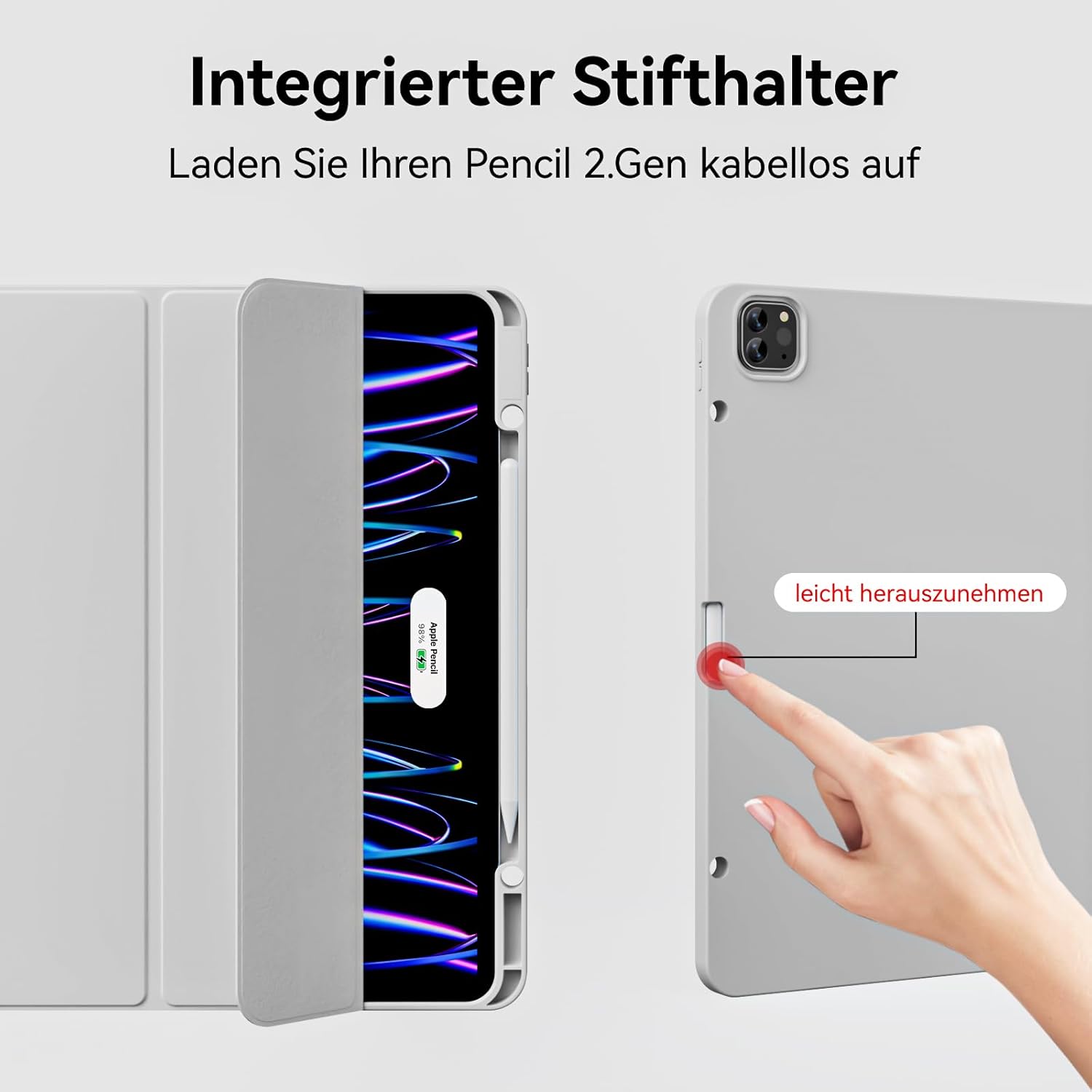 Etui protectie pentru iPad Air 13" (2024 M2) si iPad Pro 12,9" (2022/2021) cu suport pentru Apple Pencil, TPU elastic, gri