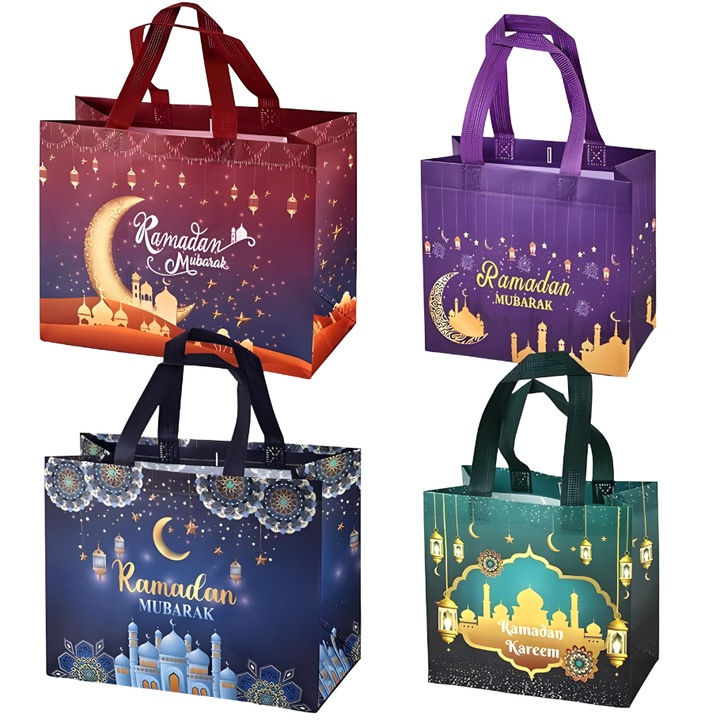 4 db Ramadan Mubarak ajándéktáska készlet, nem szőtt, 2 méret, többszínű, 32,5x25x17cm, 23x22x11cm