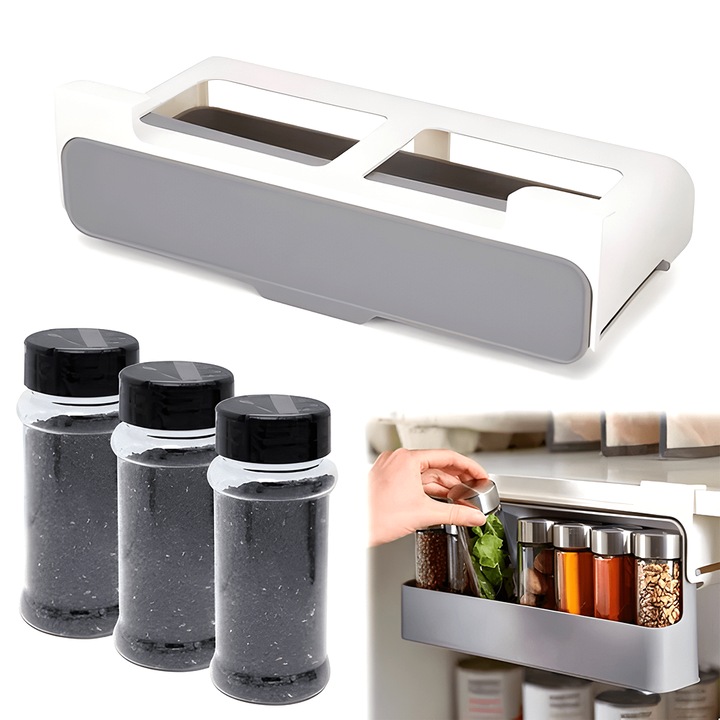 Органайзер за подправки Teno®, 6 контейнера с капак, лесен за монтаж, прибиращ се, компактен, 32 x 13.5 x 8.5 см, сив/бял