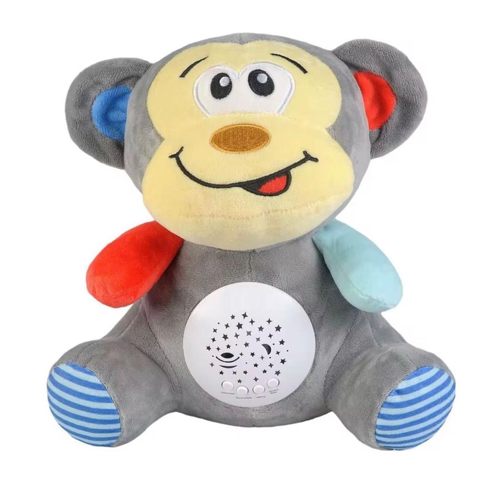 Jucarie de plus cu lumina si muzica, Ursulet de plus, Proiectie stelute, Sunete linistitoare, 0+ luni Jucarie muzicala moale cu proiector