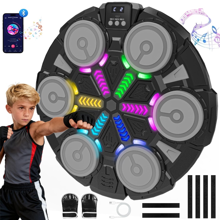 Set Tinta Lovituri Box, MorFansi®, Difuzor Incorporat, Masina de Box cu Manusi Montat pe Perete, Conexiune Bluetooth, cu Ecran LED, 5 Viteze, Incarcare USB, LED Light, Pentru Copii si Adulti, Negru