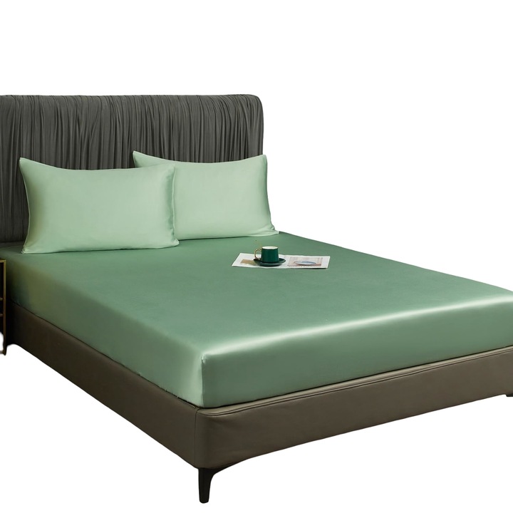 Cearceaf cu guma 90x200x30 cm, verde, material bambus si poliester, finisaj matasos, set 1 buc.