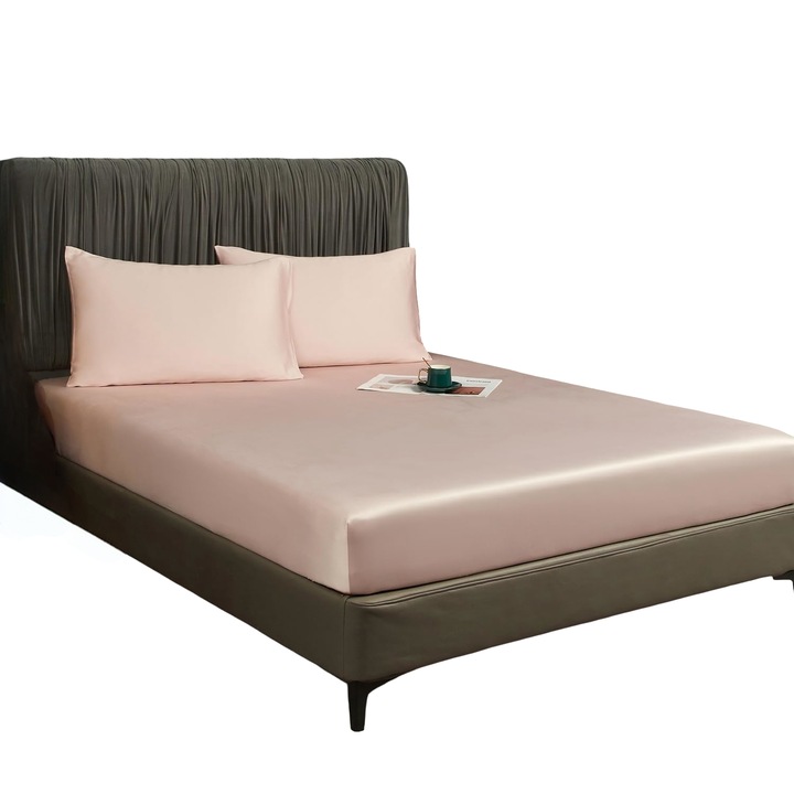 Cearceaf de pat cu elastic, 90x200x30 cm, roz, material bambus si poliester, finisaj matasos, set 1 buc.