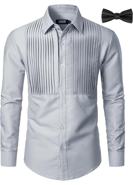Мъжка официална риза, сива, дълъг ръкав, стандартна кройка, включена папионка, пълен комплект