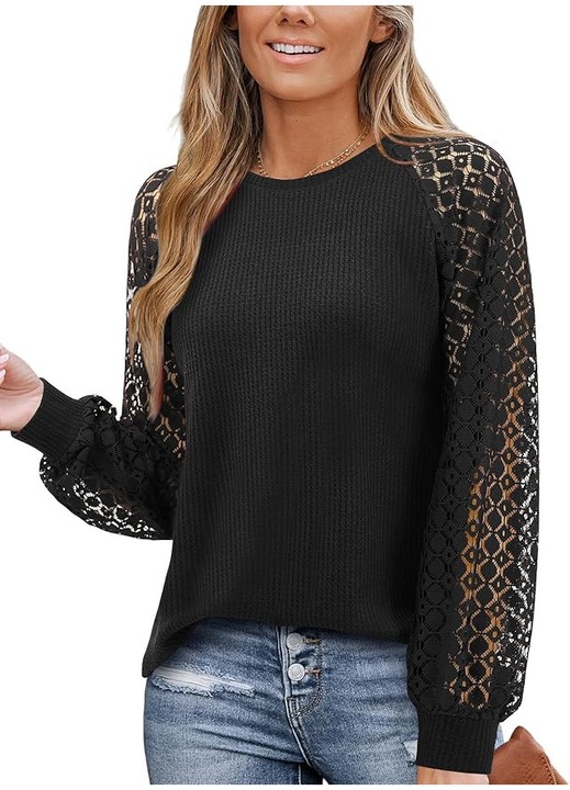 Bluza dama, negru, dantela, bumbac, maneca lunga, XL INTL