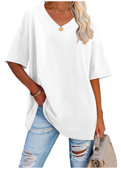 Tricou dama, alb, supradimensionat, maneca scurta, vara, Florboom, S INTL