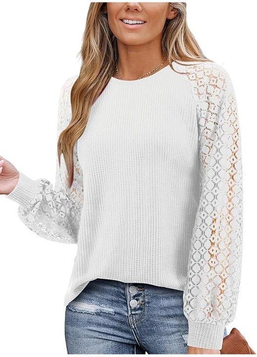 Bluza dama, maneca lunga, decolteu rotund, dantela, 2XL INTL