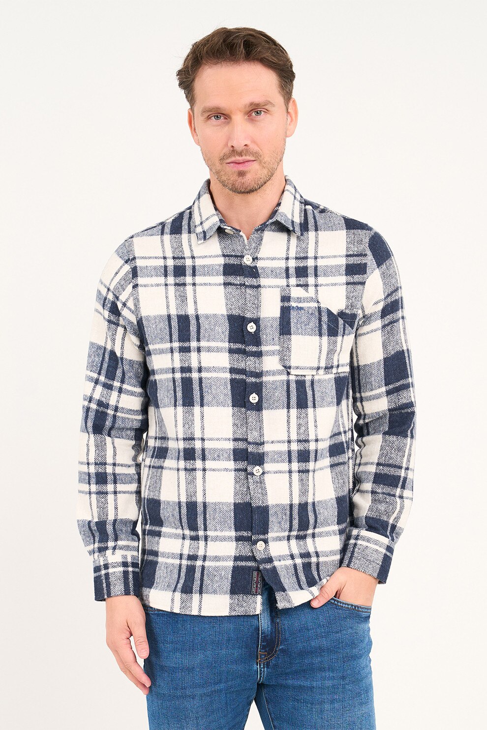 Lee Cooper, Camasa in carouri cu maneci lungi, Alb murdar, Bleumarin, XL