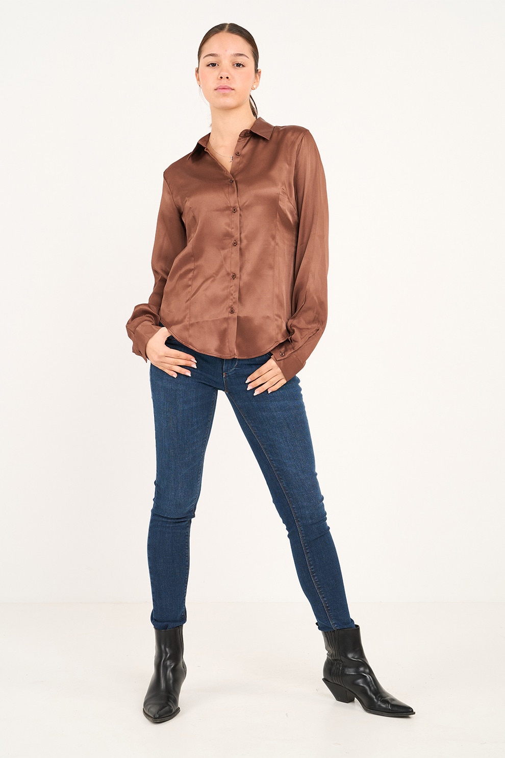 TIMEOUT, Camasa slim fit de satin, Caramel, S