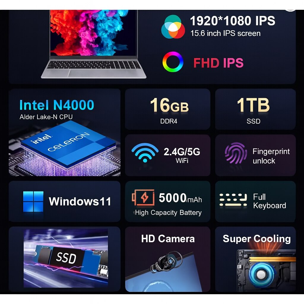 Laptop 15.6" cu procesor Intel Celeron N400 Alder Lake-N, 16GB RAM DDR4, 1TB SSD, 1920*1080 IPS, Windows 11, Intel® UHD Graphics, 5000mAh, Argintiu