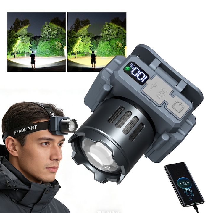 Lanterna puternica de cap FiGGA® LED 30W, 18000 lumeni, 500 metri distanta, 5000K, acumulator reincarcabil 6000 mAh, Profesionala, Frontala, Cablu de incarcare