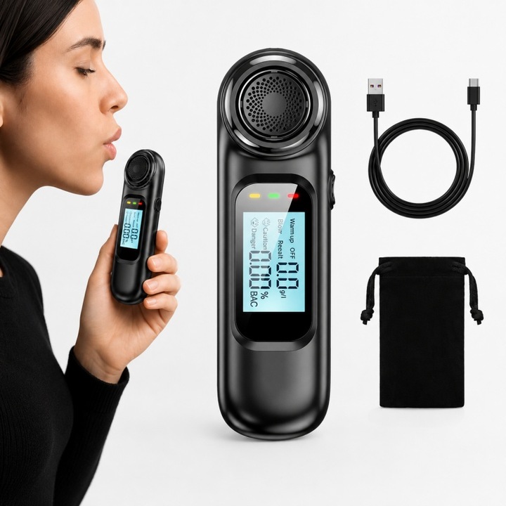 Etilotest Profesional Fara Contact Cu Calibrare Automata Si Acuratete 0.01 BAC, Etilotest Profesional Cu Afisaj LCD Color Si Senzor Digital Avansat, Etilotest Profesional Reincarcabil USB-C Pana La 300 Testari, Alcoolmetru Digital Portabil, Negru