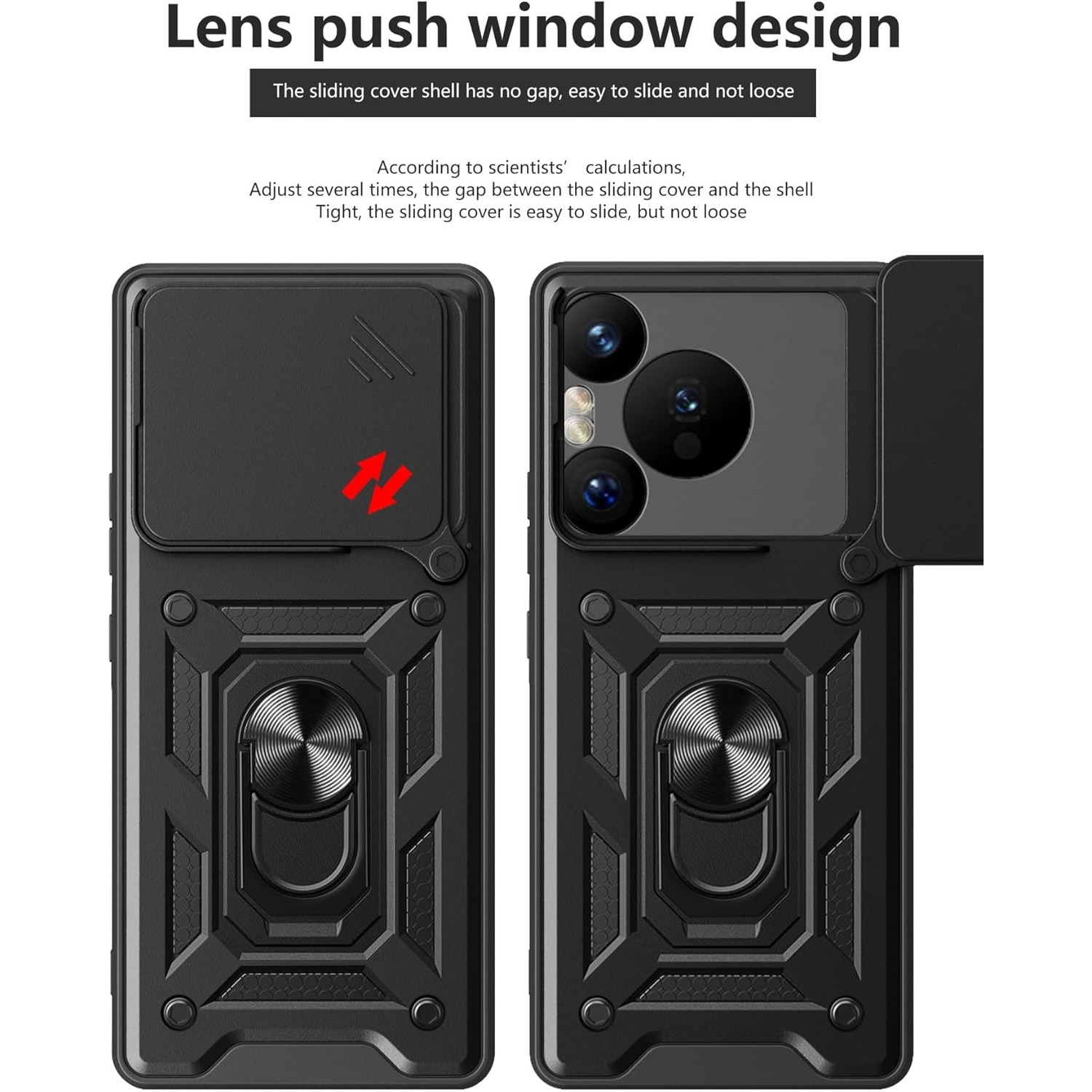 Husa telefon, compatibila cu HUAWEI Pura 80 Ultra, Capac de obiectiv al camerei glisante, inel rotativ 360°, Negru