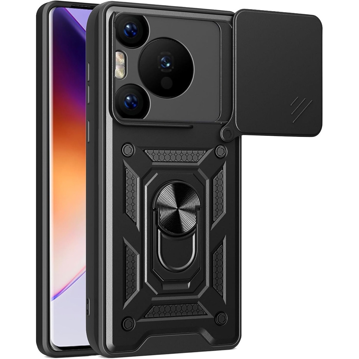Husa telefon, compatibila cu HUAWEI Pura 80 Ultra, Capac de obiectiv al camerei glisante, inel rotativ 360°, Negru
