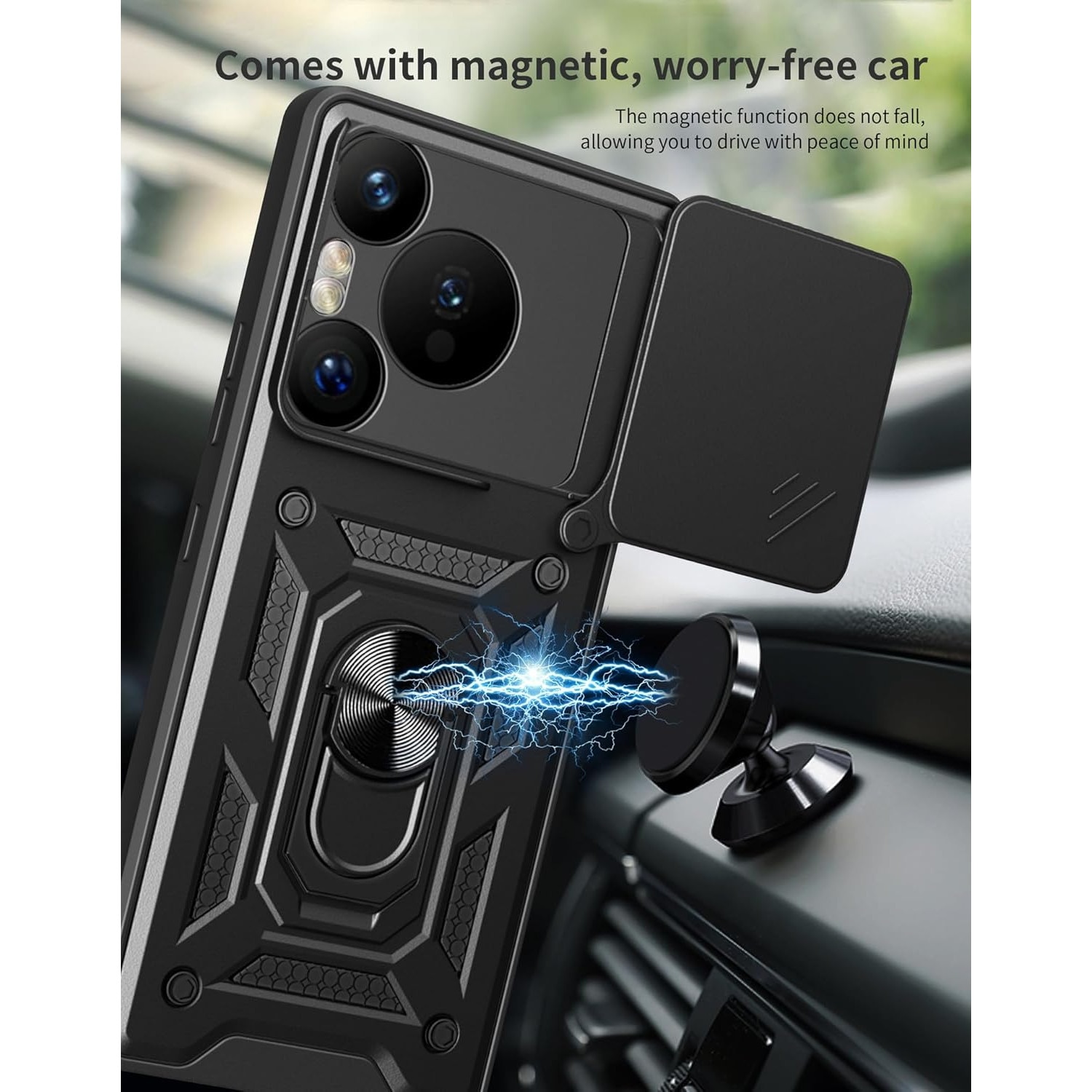 Husa telefon, compatibila cu HUAWEI Pura 80 Ultra, Capac de obiectiv al camerei glisante, inel rotativ 360°, Negru