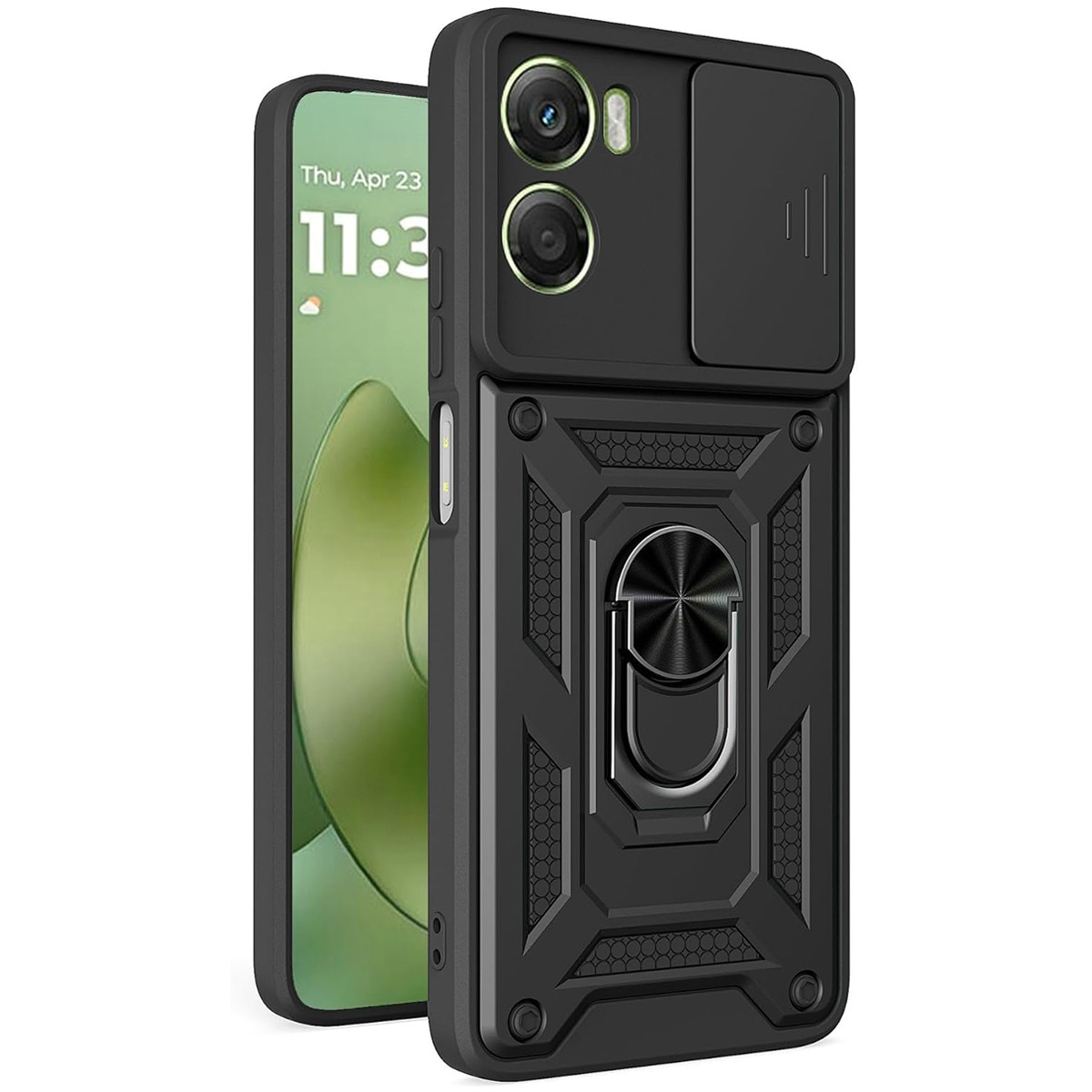 Husa telefon, compatibila cu Motorola Moto G06 4G / G06 Power 4G, Capac de obiectiv al camerei glisante, inel rotativ 360°, Negru
