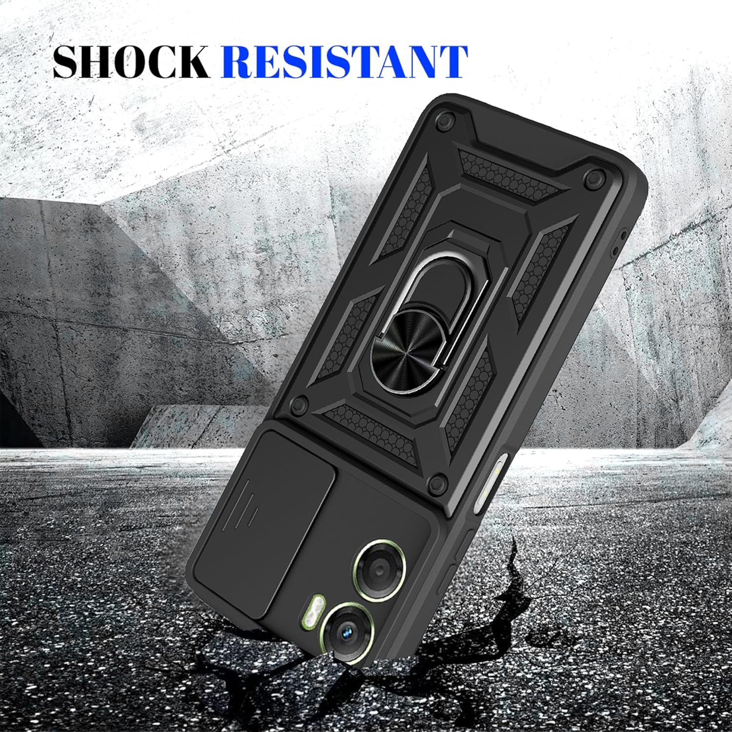Husa telefon, compatibila cu Motorola Moto G06 4G / G06 Power 4G, Capac de obiectiv al camerei glisante, inel rotativ 360°, Negru