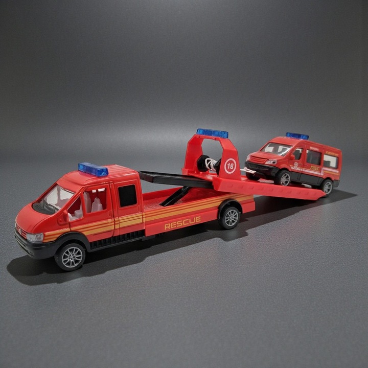 2 az 1-ben Fém Kamion Platós Vontató és Fém Intervenciós Furgon (Tűzoltó/Mentő), 1:32 méretarány, Visszahúzós