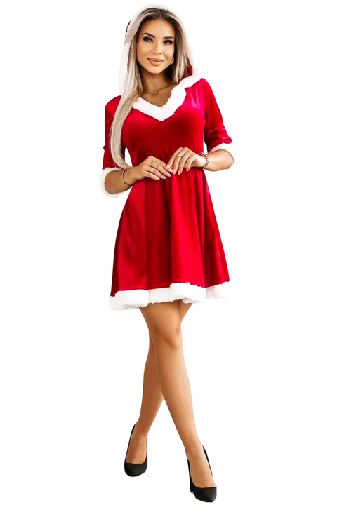 Rochie catifea, in clos FashionForYou, model Craciunita Merry Chic, cu gluga, Rosu, Marime universala S/M