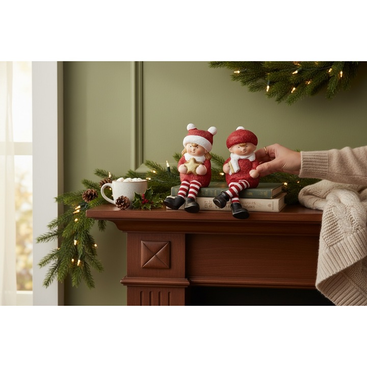 Set figurine ceramice elf, Rosy Rose, 2 piese, rosu, 3x15cm