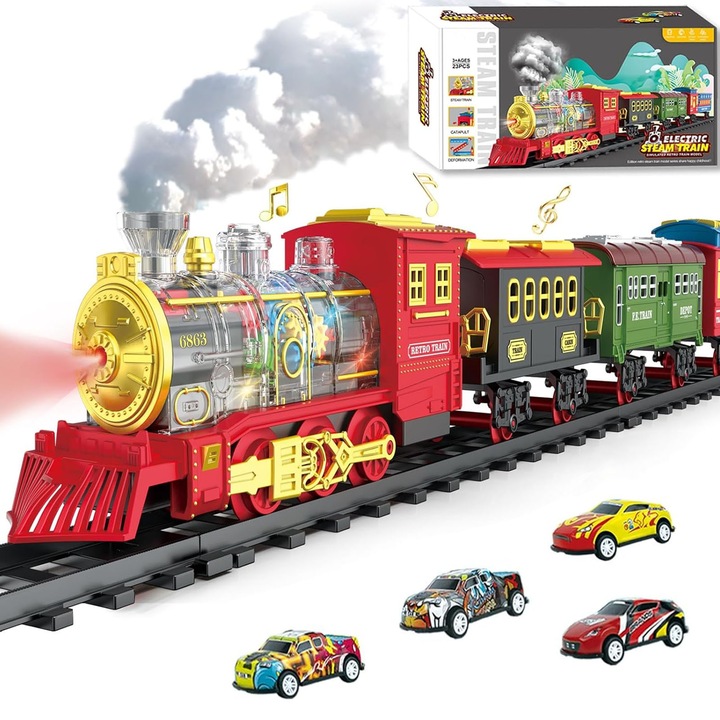 Trenulet electric cu aburi pentru copii, AFKSMILE, Set de sine de tren, Cu efecte sonore, lumini, fum real, Include 3* vagoane, 12*urmari, 4*masinute, Usor de asamblat, Cadou perfect craciun, +3 ani, Plastic, Colorat, 42.5cm*10.5cm*20.7cm