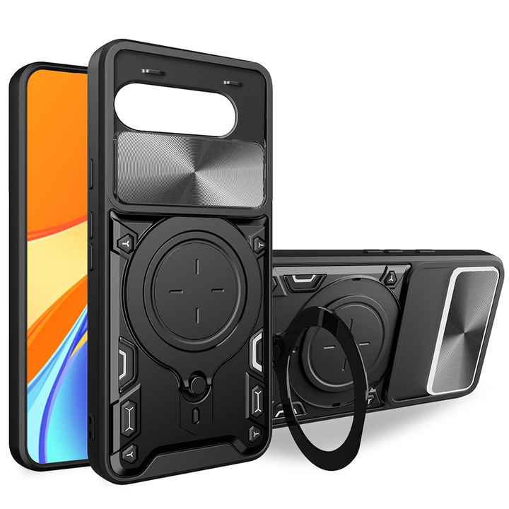 Husa telefon, compatibila cu Google Pixel 9a 5G, Capacul obiectivului camerei glisante, Inel rotativ 360 ° Kickstand, Negru titan