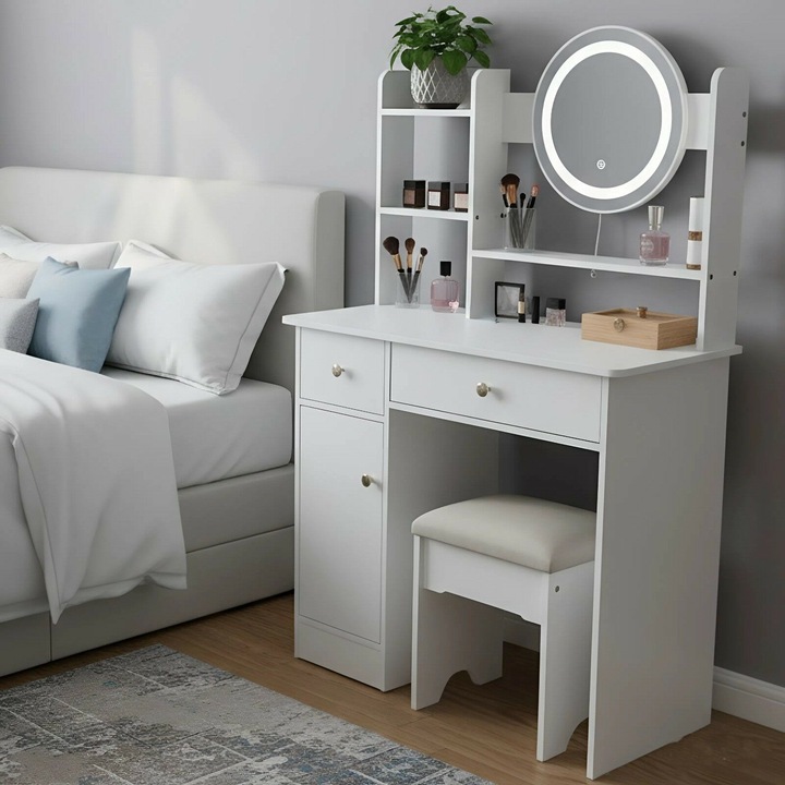 Pepita Amelie Dressing Table cu oglinda, iluminare si rafturi - alb