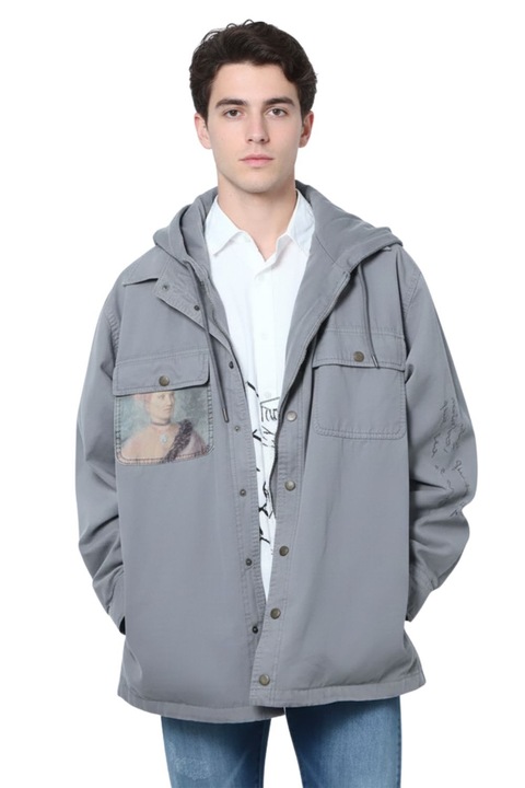 Мъжко яке Desigual, с качулка, сиво, памук