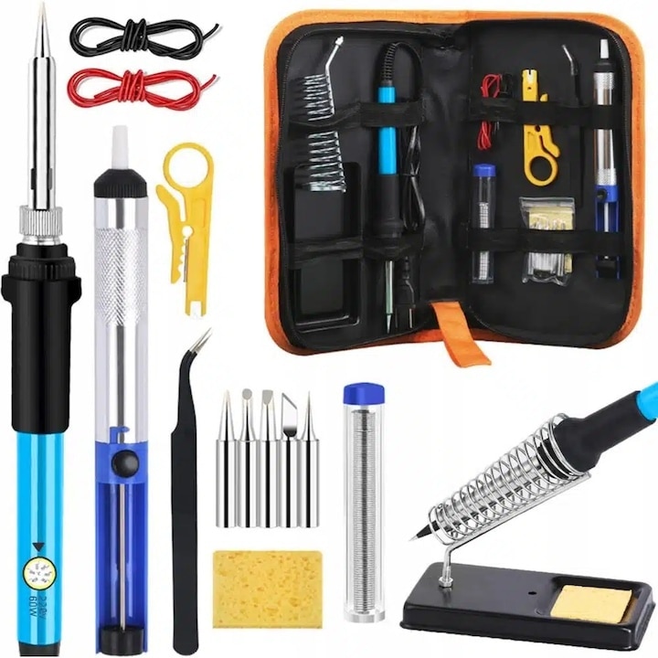 Kit pentru lipit, 15 piese, pistol de lipit 60W temperatura ajustabila 200–450°C, ceramic, 5 capete, pompa dezlipire, suport, husa depozitare, portocaliunegru – pentru bricolaj si uz profesional